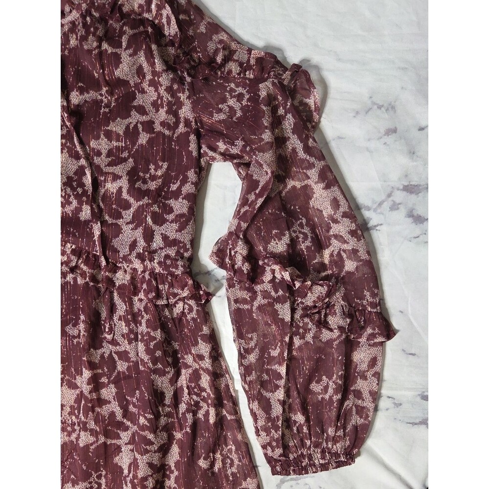 Loft Burgundy Floral Shimmer Ruffle Tie Neck Dress - Picture 5 of 7